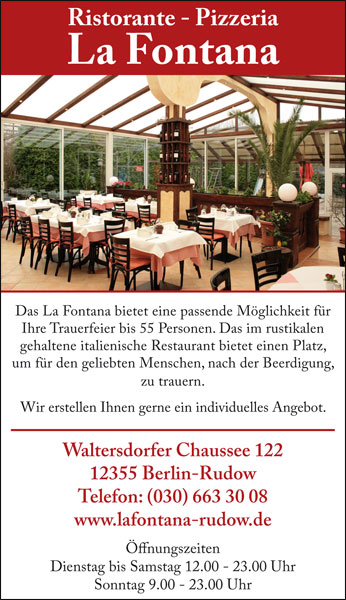 Ristorante La Fontana – Trauerfeiern bis zu 55 Personen
