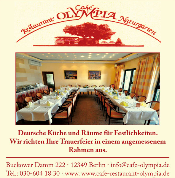 Café Restaurant Olympia – Trauerfeier mit deutscher Küche