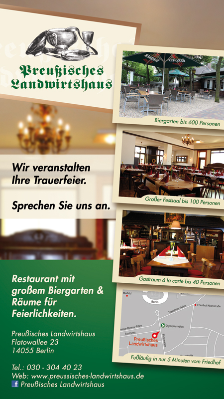 Preussisches Landswirtshaus 2017 – Trauerfeiern im Gastraum, Festsaal oder Biergarten